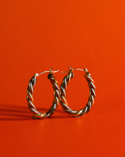 Vintage Sterling Silver and 14K Gold Hoop Earrings