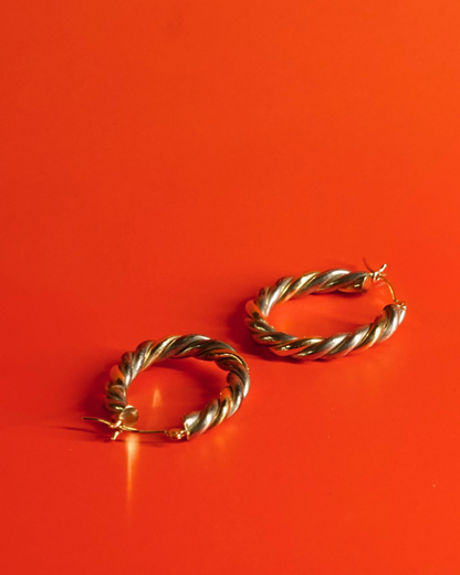 Vintage Sterling Silver and 14K Gold Hoop Earrings