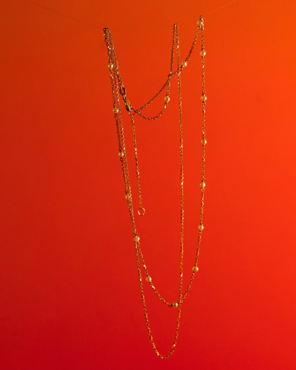 Double-chained Gold Pearl Station Necklace