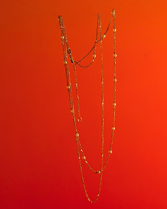 Double-chained Gold Pearl Station Necklace