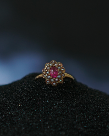 Antique Victorian Revival 10K Gold Ruby Pearl Ring