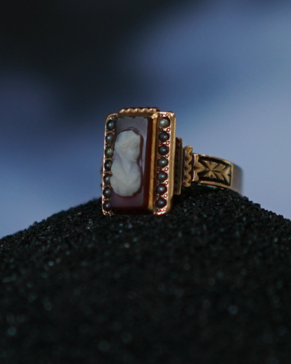 Antique 10K Gold Agate Carnelian Seed Pearl Cameo Ring