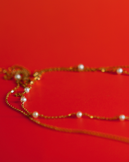 Double-chained Gold Pearl Station Necklace