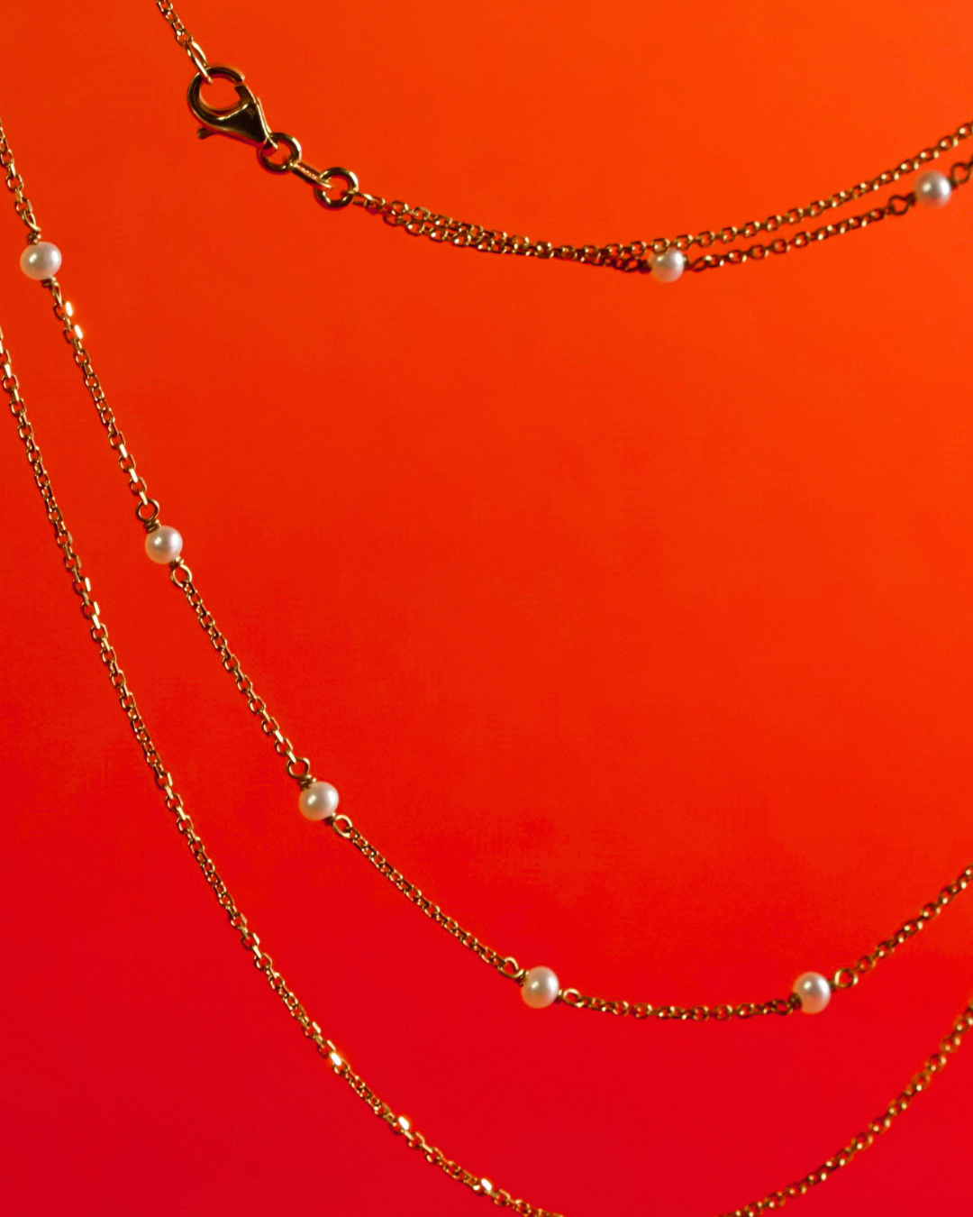 Double-chained Gold Pearl Station Necklace