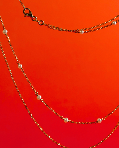 Double-chained Gold Pearl Station Necklace