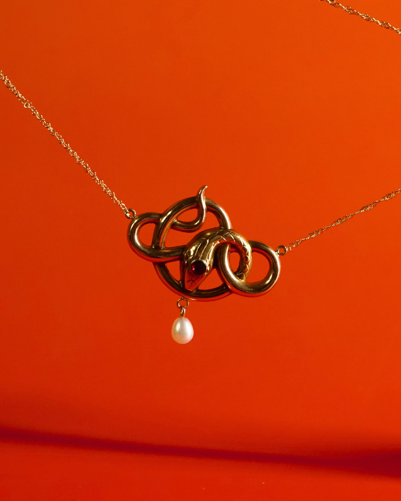 Antique 18K and 10K Gold Ruby Pearl Serpent Necklace