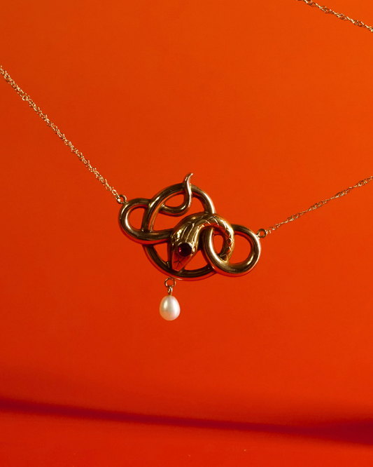 Antique 18K and 10K Gold Ruby Pearl Serpent Necklace