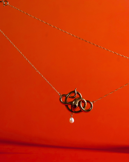 Antique 18K and 10K Gold Ruby Pearl Serpent Necklace