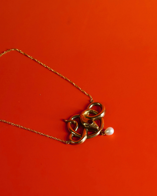 Antique 18K and 10K Gold Ruby Pearl Serpent Necklace