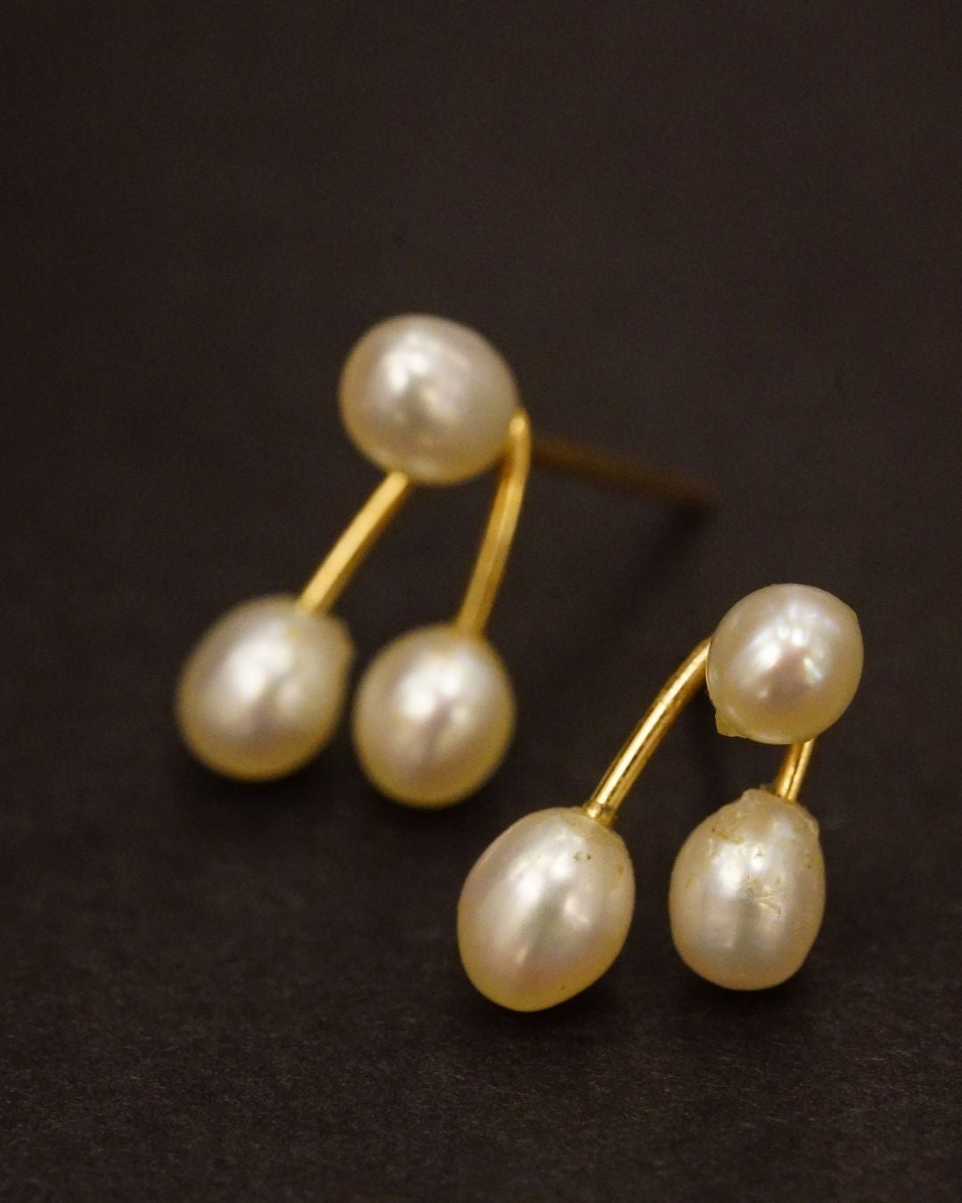 Vintage 14K Gold Triple Drop Pearl Stud Earrings