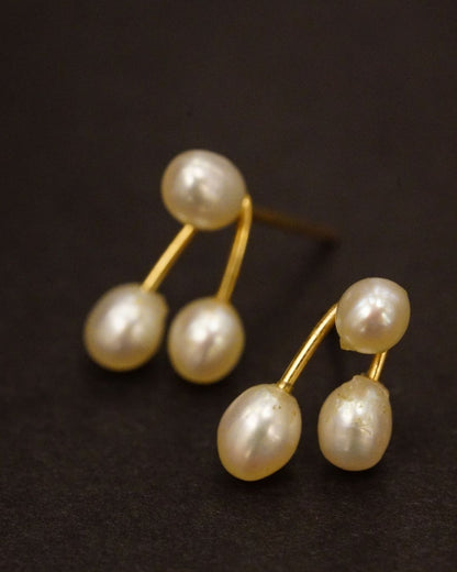 Vintage 14K Gold Triple Drop Pearl Stud Earrings