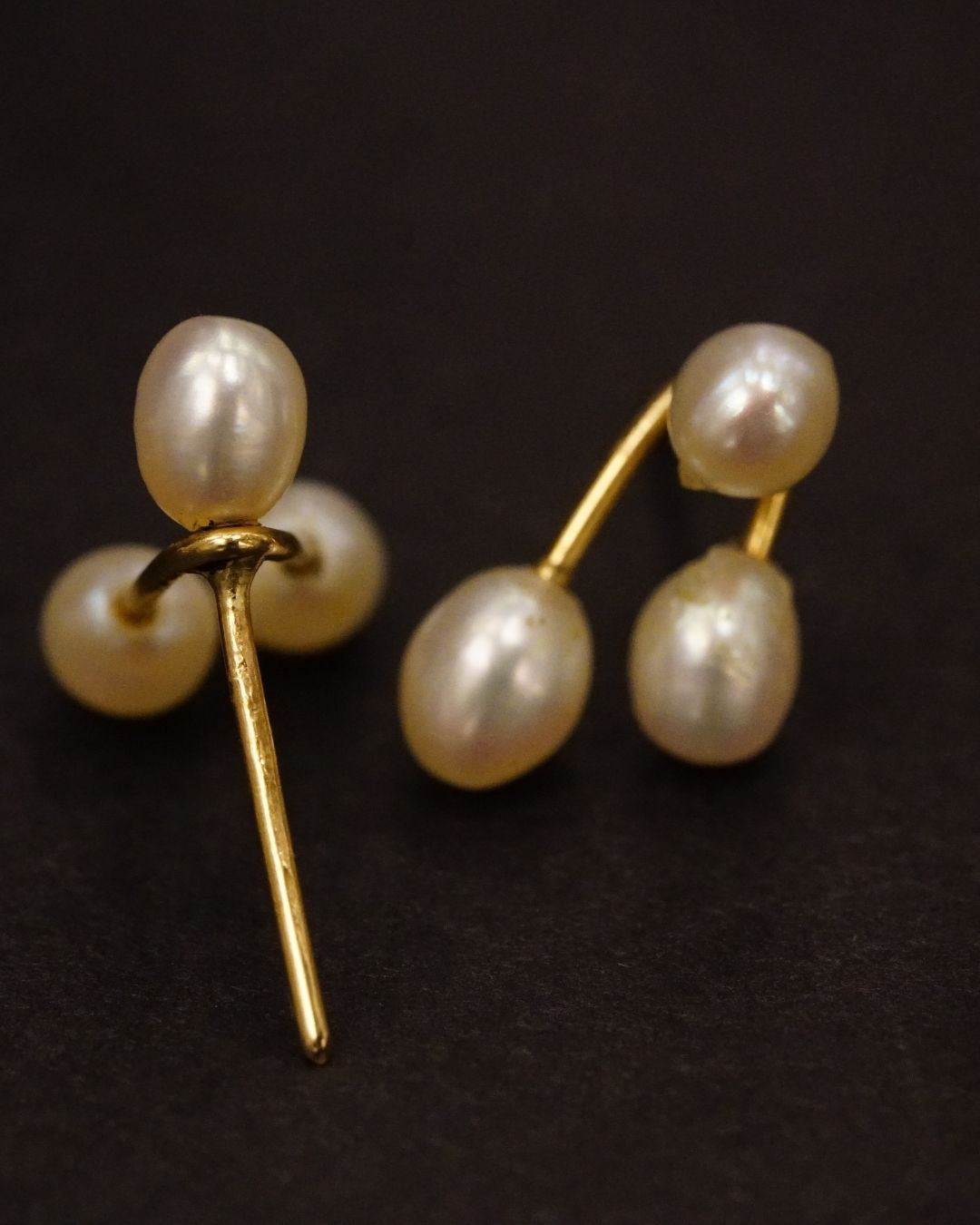 Vintage 14K Gold Triple Drop Pearl Stud Earrings